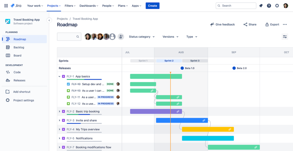 Example of a roadmap in Jira.